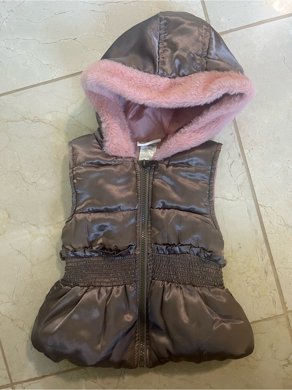 Nicole Miller Girls 2T Puffer Vest Satin Peplum Pink Faux Fur Hooded Taupe Brown